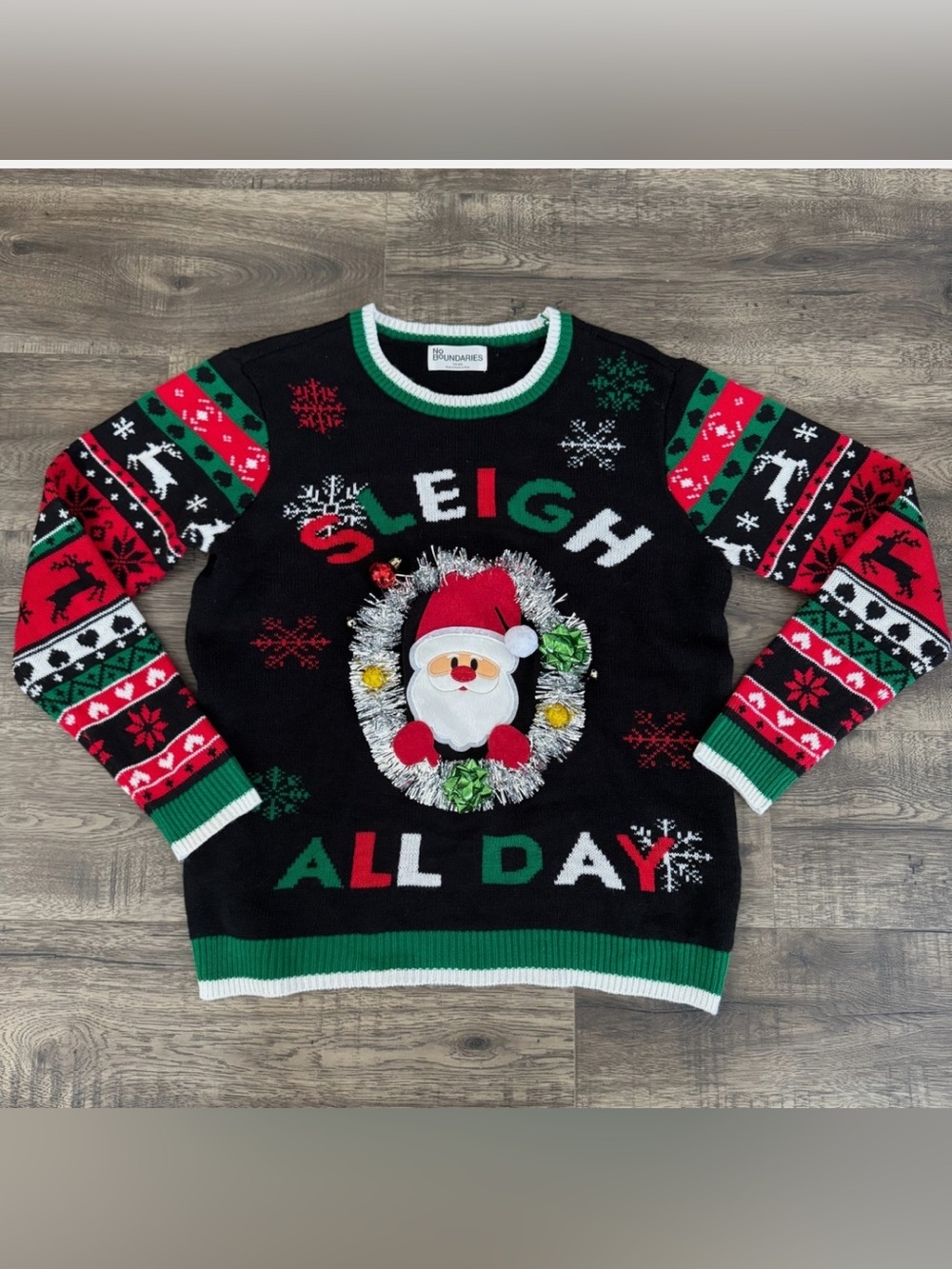 No Boundaries Women's 'Santa Sleigh All Day' Ugly Christmas Sweater, SZ medium